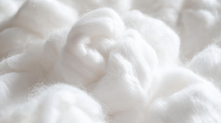 Close-up view of soft white cotton fibers arranged together, ideal for showcasing natural materials used in textile production and crafting applications.の素材