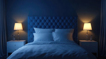 Discover a serene bedroom setting featuring a plush blue headboard, soft linens, and gentle ambient lighting, ideal for a restful nightの素材