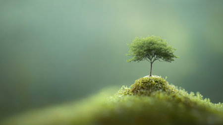 A solitary tree standing atop a vibrant green hill represents resilience and tranquility, inviting peace in a serene natural setting filled with lush greenery.の素材