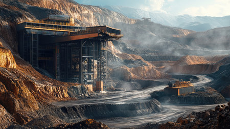A striking view of a large industrial mining site showcasing heavy machinery and rocky landscapes under a clear sky. The image highlights the complexity and scale of mining operations.の素材