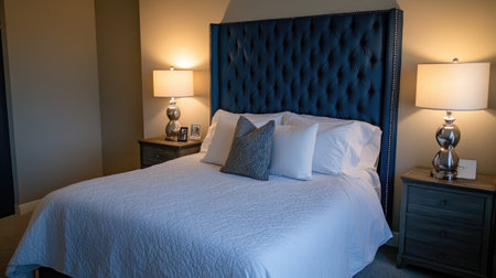 This tranquil bedroom showcases a luxurious tufted blue headboard, complemented by stylish lamps and a neatly arranged white bed, perfect for relaxation.の素材