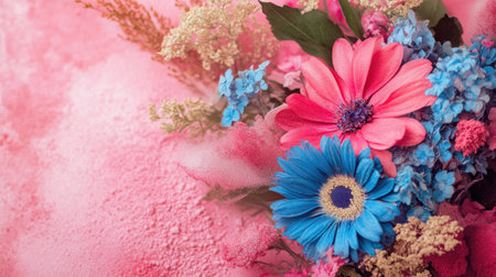 A stunning combination of pink and blue flowers creates a vibrant floral arrangement, set against a soft pink background, evoking beauty and freshness.の素材