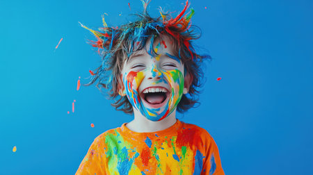 A joyful child covered in colorful paint with a bright blue background, showcasing pure happiness and creativity through playful expression and fun activities.の素材