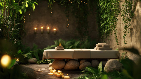 Experience the ultimate sanctuary in this serene spa setting, featuring a massage table surrounded by lush greenery and soft candlelight, inviting tranquility.の素材
