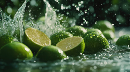 A stunning close-up of fresh limes splashing into clear water, surrounded by droplets and vibrant colors. This image captures the essence of freshness and vitality, ideal for food-related projects.の素材