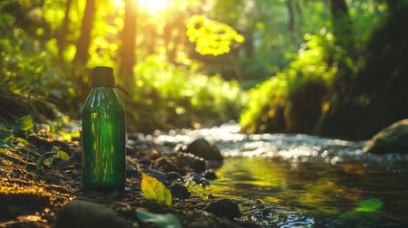 A green water bottle stands beside a gentle stream in a vibrant forest at sunrise, capturing the essence of nature's beauty and encouraging eco-friendly hydration.の素材