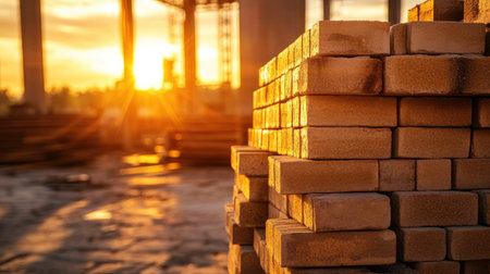 A beautifully lit construction site at sunrise showcases stacked brick blocks with a warm glow, highlighting the building process and architectural framework.の素材