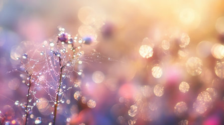 A mesmerizing close-up of delicate dewdrops clustered on a spiderweb, set against a dreamy bokeh background of colorful flowers at sunrise.の素材
