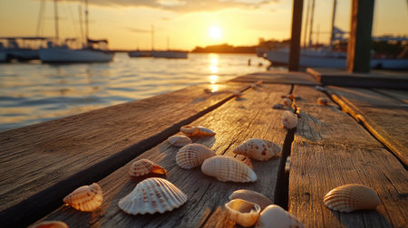 A serene sunset view featuring various shells scattered on a weathered wooden dock, with boats drifting on calm waters in the background.の素材