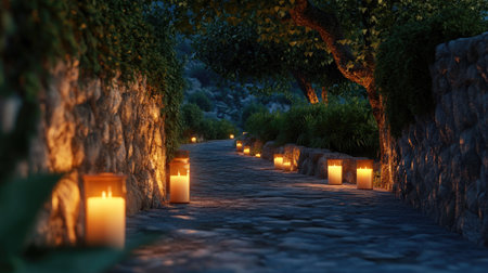 A picturesque evening pathway illuminated by warm candlelight creates a tranquil ambiance. Surrounded by lush greenery and rustic stone walls, this serene landscape invites peaceful strolls under the night sky.の素材