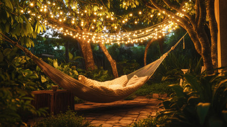 A serene outdoor setting featuring a cozy hammock draped with soft cushions, illuminated by warm string lights, surrounded by lush greenery. Perfect for relaxation.の素材