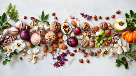 An exquisite display of various nuts and fruits artistically arranged on a textured surface, blending natural elements and seasonal appeal for culinary inspiration.の素材