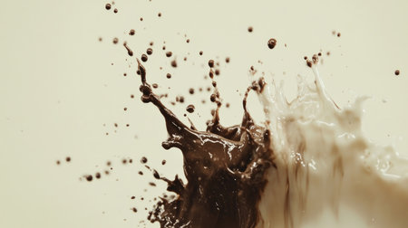 Vivid splash of chocolate and cream colliding in an artistic display on a soft background, showcasing motion and flavor in a captivating manner.の素材