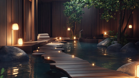 Experience the ultimate relaxation in this serene indoor spa retreat featuring gentle water, warm lantern glow, and natural elements for a perfect escape.の素材