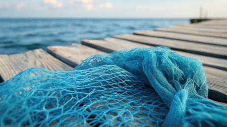 This image features a close-up of a blue fishing net draped over a wooden pier, with tranquil ocean waters in the background. The serene scene evokes feelings of calm and relaxation.の素材