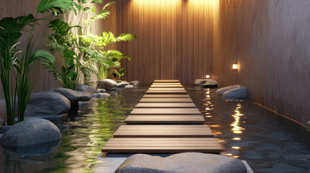 This captivating image features a serene water pathway lined with wooden planks, surrounded by lush greenery and soothing stones, creating a tranquil ambiance.の素材