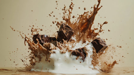 A captivating action shot depicting chocolate blocks splashing into milk, creating an exquisite dessert scene. Perfect for culinary-themed visuals and advertisements.の素材