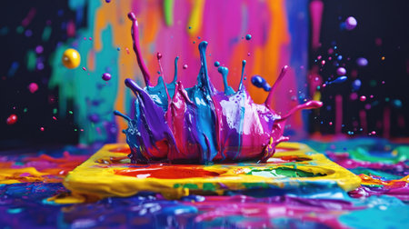 This captivating image features a dynamic explosion of colorful paint splashes creating a vibrant scene that captures the essence of creativity and artistic expression.の素材