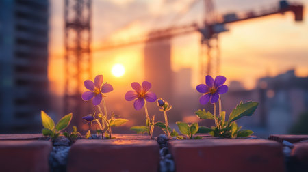 Beautiful purple flowers emerge from a brick surface, set against a vibrant urban sunset. The contrasting construction cranes add an intriguing layer to the serene scene.の素材