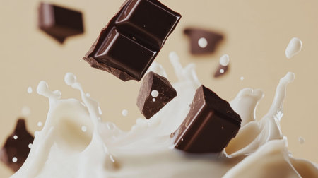 A captivating image showcasing chocolate chunks splashing into creamy milk, creating an enticing visual of texture and movement. Perfect for culinary themes.の素材