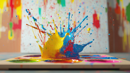 A vibrant splash of colorful paint bursts from the canvas, creating an energetic scene filled with artistic expression. Ideal for creative projects.の素材