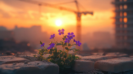 A stunning close-up of vibrant purple wildflowers blooming atop brick in an urban setting, with a construction crane silhouetted against a breathtaking sunset.の素材