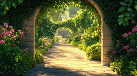 Stroll through a serene garden pathway adorned with lush greenery and vibrant flowers, basking in soft daylight. A tranquil escape into nature.の素材