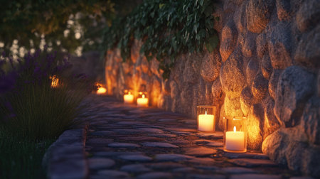 A tranquil garden pathway featuring glowing candles set against a rustic stone wall. The warm light creates a serene atmosphere perfect for relaxation.の素材