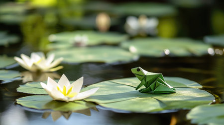A whimsical green origami frog perched on a water lily pad amidst tranquil lotus flowers, showcasing natureの素材