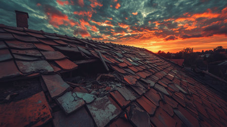 This captivating image captures a sunset over a dilapidated rooftop. The broken and weathered tiles contrast beautifully with vibrant, colorful clouds, creating a serene atmosphere.の素材