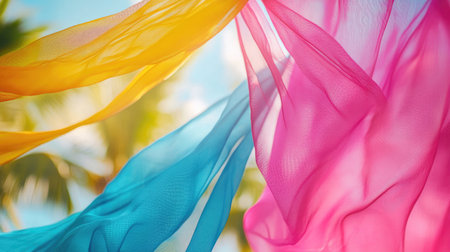 This image captures colorful silk ribbons gracefully flowing in the breeze, creating a vibrant and cheerful atmosphere against a sunny tropical backdrop.の素材