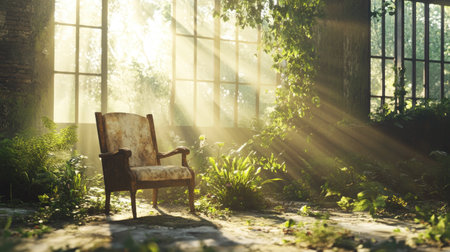 A solitary chair bathed in warm sunlight stands amidst lush greenery in a forgotten garden room, evoking a sense of tranquility and nostalgia.の素材