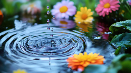 A captivating close-up of vibrant flowers resting on a serene water surface, enhanced by gentle splashes and droplets reflecting natural beauty and tranquility.の素材