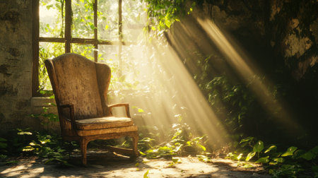 An abandoned vintage armchair sits in a sunlit room, surrounded by lush greenery and soft rays of light, evoking a sense of tranquility and nostalgia.の素材