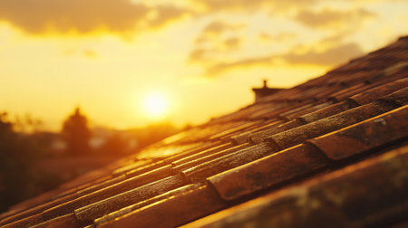 Captivating view of a rooftop with tiles bathed in the warm glow of sunset, showcasing the beauty of architecture and nature in a tranquil setting.の素材