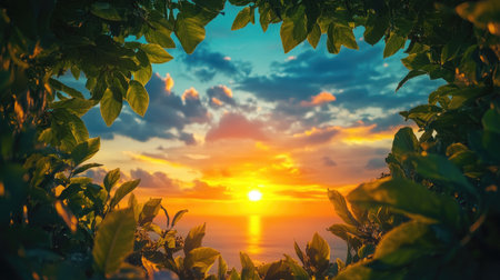 A breathtaking sunset view framed by lush green leaves showcases a vibrant sky filled with colorful clouds over calm ocean waters, creating a serene atmosphere.の素材