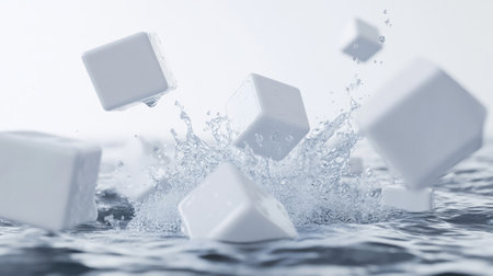 A visually striking image depicting dynamic ice cubes splashing into water, showcasing fluid motion and the purity of water droplets, perfect for beverage-related themes.の素材