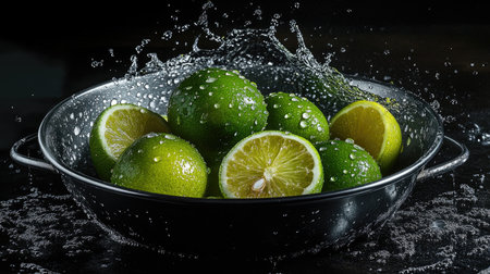 A vibrant arrangement of fresh green limes and yellow lemons splashes in water, showcasing their juiciness and freshness in a sleek black bowl.の素材
