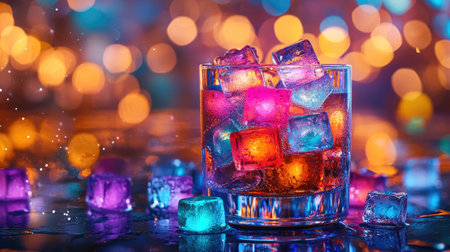 A captivating image of colorful ice cubes in a clear glass, illuminated by a vibrant bokeh background. Perfect for themes of celebration and refreshment.の素材