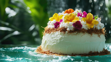 This stunning cake showcases a delightful combination of edible flowers and coconut, set against a lush green backdrop, perfect for celebrations.の素材