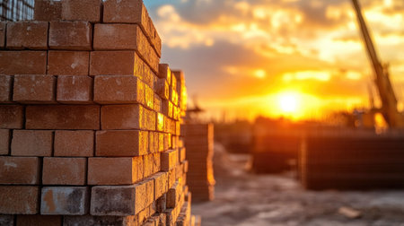 A close-up view of neatly stacked orange bricks with a stunning sunset in the background illuminating a construction site with cranes and clouds.の素材