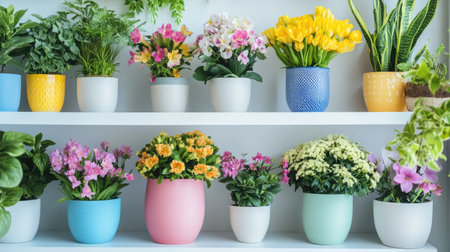 A beautiful arrangement of indoor plants in various pots on shelves creates a vibrant atmosphere, perfect for home decor inspiration and a serene ambiance.の素材