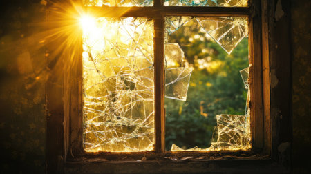 This captivating image features a broken window bathed in warm sunlight, revealing a stunning view of natureの素材