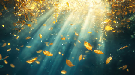 This stunning image captures a serene autumn scene, featuring golden leaves gracefully falling through sunlight rays in a peaceful forest atmosphere.の素材