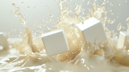 A stunning close-up image of sugar cubes splashing into a creamy liquid, capturing the dynamic motion and fluid effects for enticing culinary visuals.の素材