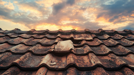A weathered roof featuring rustic tiles captures the beauty of a dramatic sunset sky filled with colorful clouds, creating a serene atmosphere.の素材
