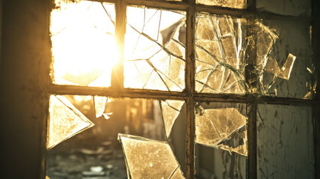 This image captures a close-up of a broken glass pane in an abandoned building, with warm sunlight streaming through the shards, creating an atmospheric scene.の素材