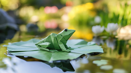 A charming origami frog rests on a green lily pad in a serene garden pond, surrounded by colorful flowers and gentle reflections, evoking tranquility.の素材