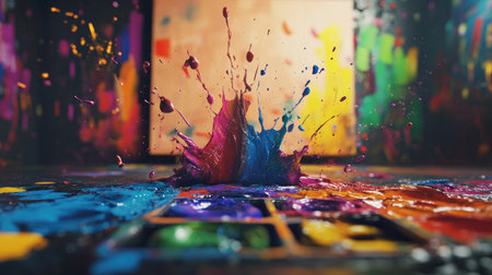 A striking vibrant splash of colorful paint bursts on a canvas surface, showcasing an energetic display of motion and creativity in abstract art.の素材