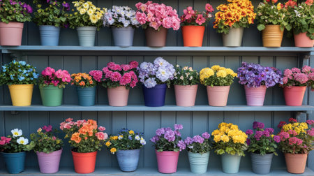 A stunning array of vibrant potted flowers arranged neatly on shelves, showcasing a diverse selection of colors and textures ideal for home decor and gardening.の素材